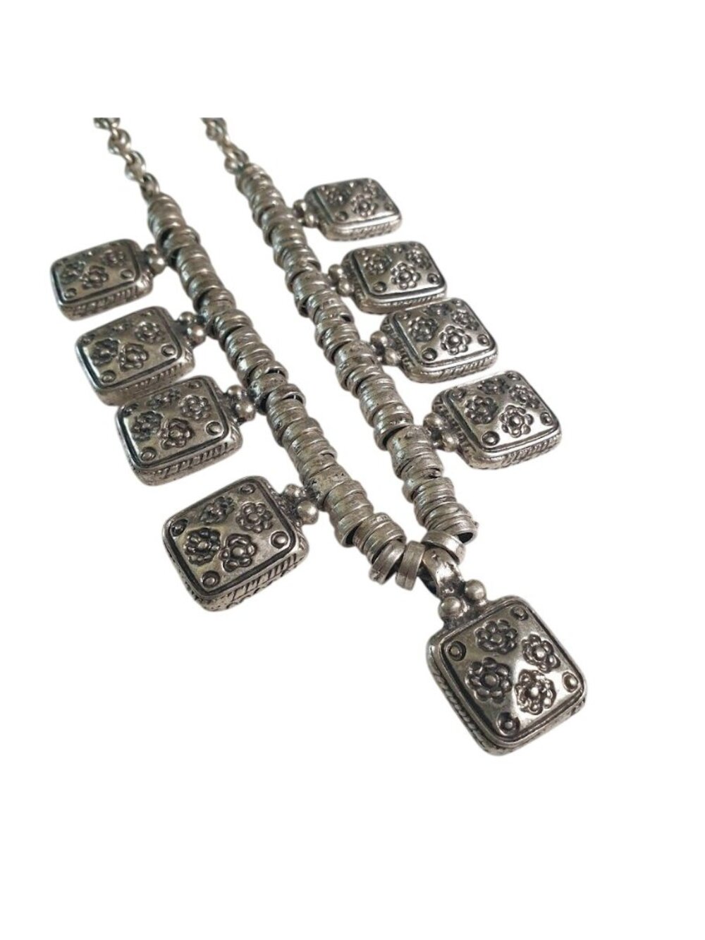 Antique Silver Tone Necklace Floral Square Pendant Dangling Tribal Bohemian Gift